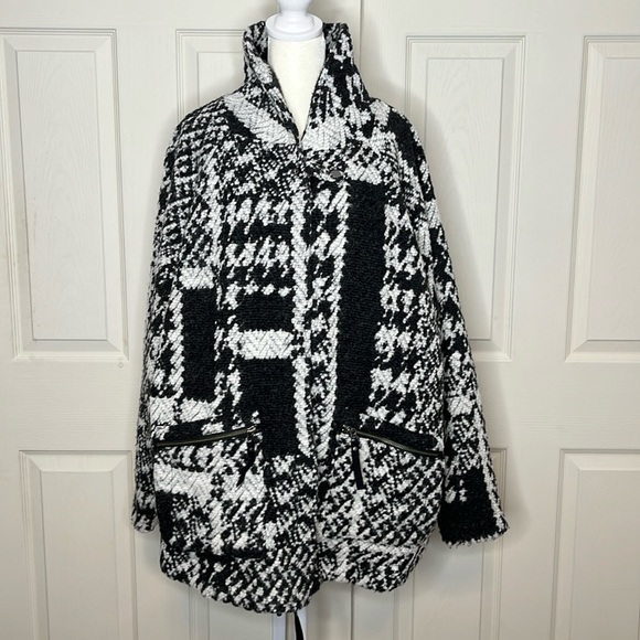 PRANA Women’s "Sakari" Jacket Oversized Wool Blend Knit Textured Black & White S - Picture 2 of 11